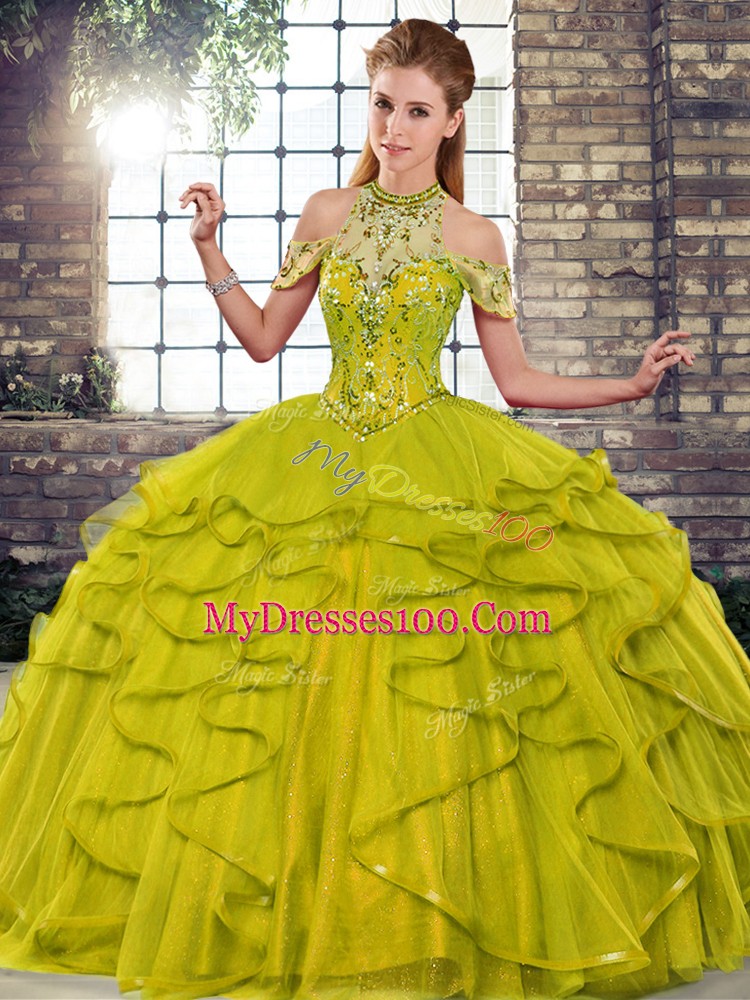 Noble Beading and Ruffles Vestidos de Quinceanera Olive Green Lace Up Sleeveless Floor Length