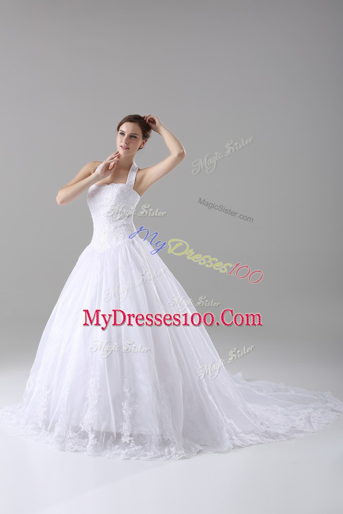 Lace Bridal Gown White Lace Up Sleeveless Brush Train