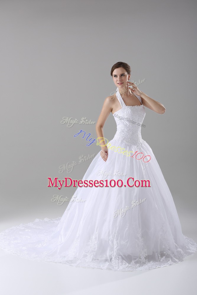 Lace Bridal Gown White Lace Up Sleeveless Brush Train