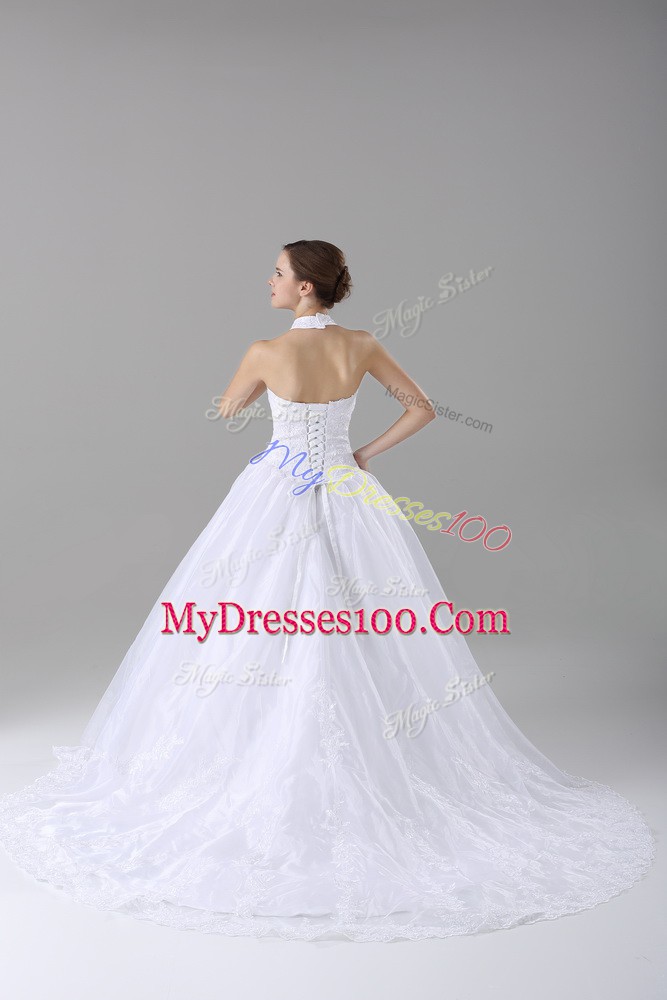 Lace Bridal Gown White Lace Up Sleeveless Brush Train