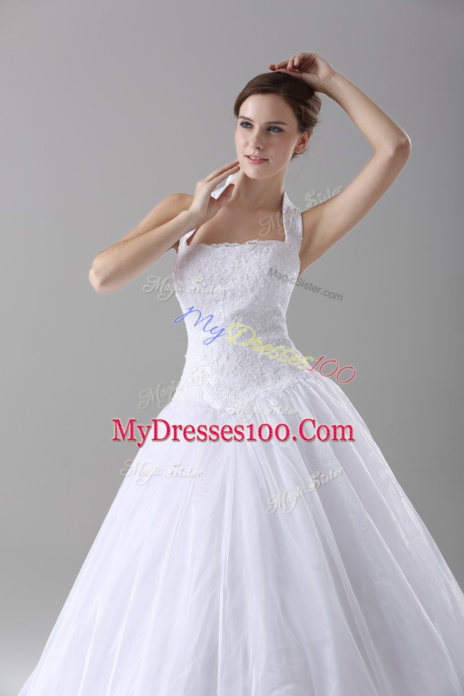 Lace Bridal Gown White Lace Up Sleeveless Brush Train