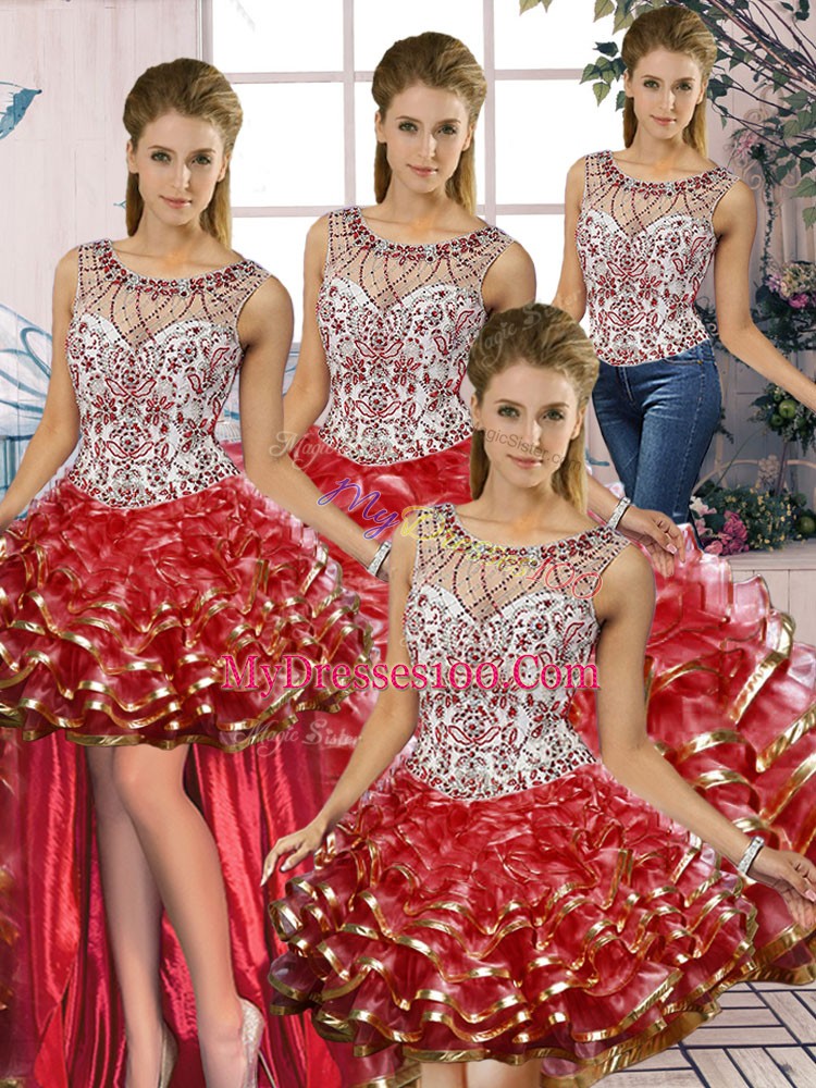 Vintage Floor Length Lace Up 15 Quinceanera Dress Red for Military Ball and Sweet 16 and Quinceanera with Beading and Ruffles