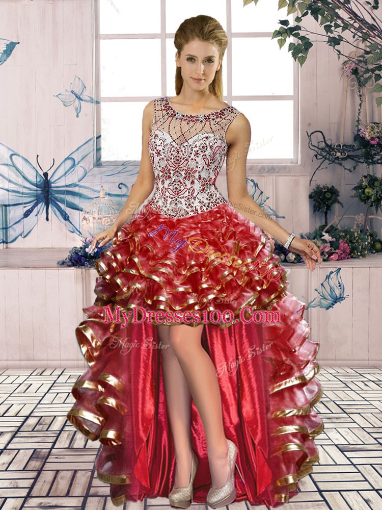Vintage Floor Length Lace Up 15 Quinceanera Dress Red for Military Ball and Sweet 16 and Quinceanera with Beading and Ruffles