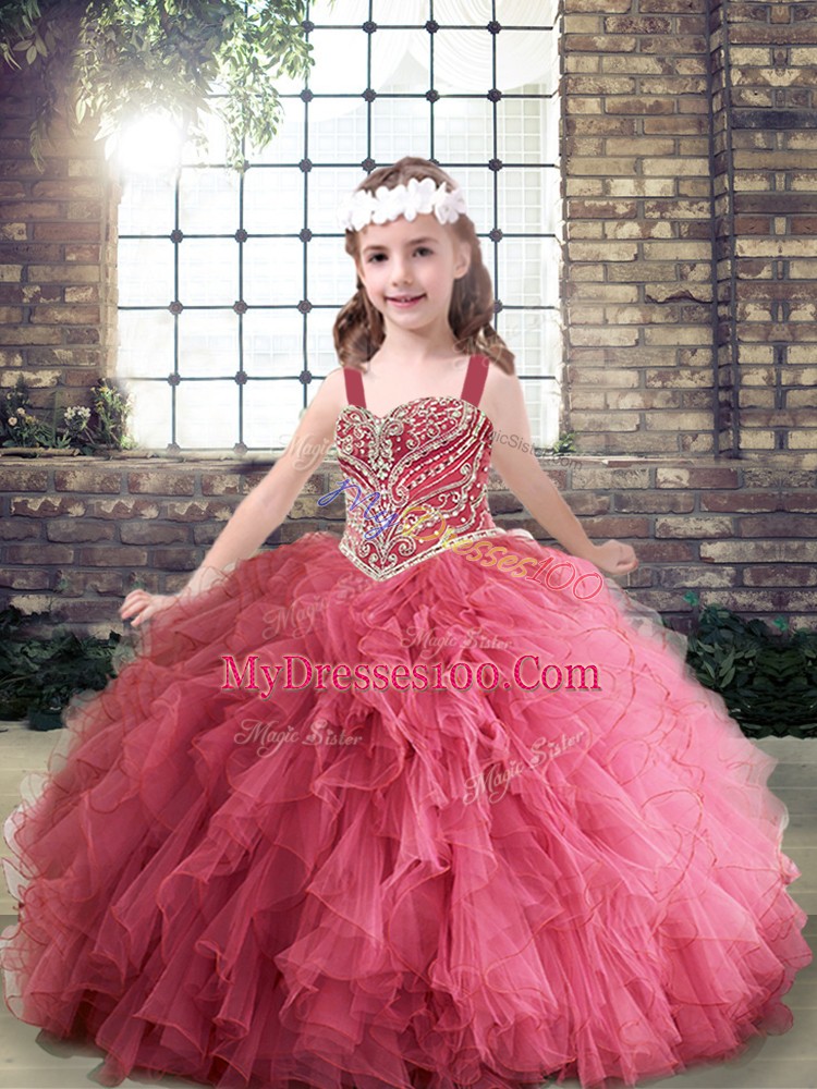 Ball Gowns Little Girls Pageant Dress Pink Straps Tulle Sleeveless Floor Length Lace Up