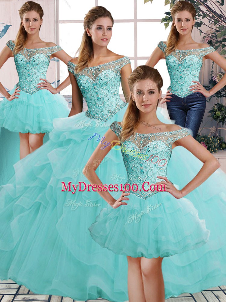 Aqua Blue Off The Shoulder Lace Up Beading and Ruffles Quinceanera Gowns Sleeveless
