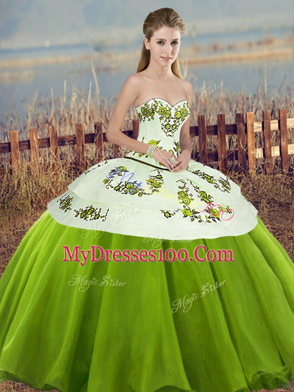New Style Olive Green Sleeveless Embroidery and Bowknot Floor Length Sweet 16 Quinceanera Dress