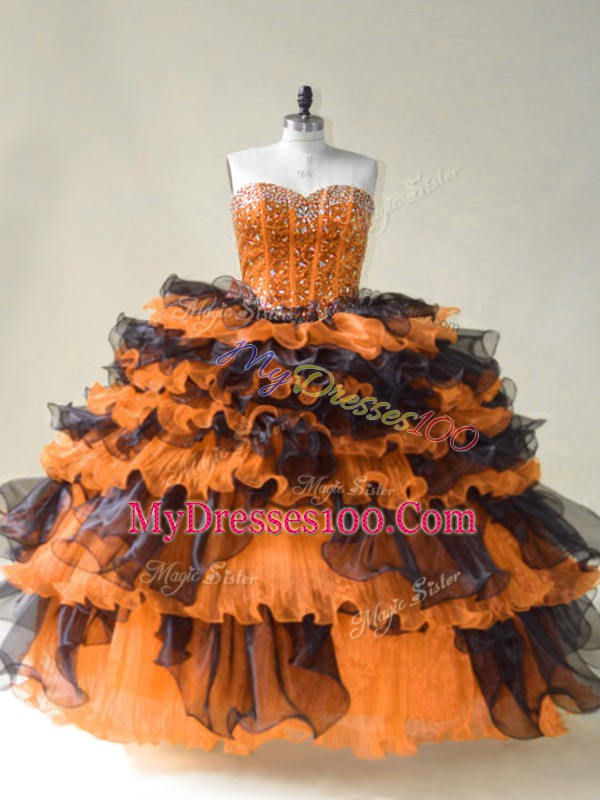 Beautiful Orange Organza Lace Up Vestidos de Quinceanera Sleeveless Floor Length Beading
