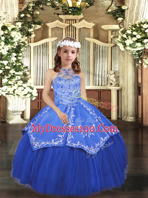 Glorious Halter Top Sleeveless Lace Up Girls Pageant Dresses Royal Blue Tulle