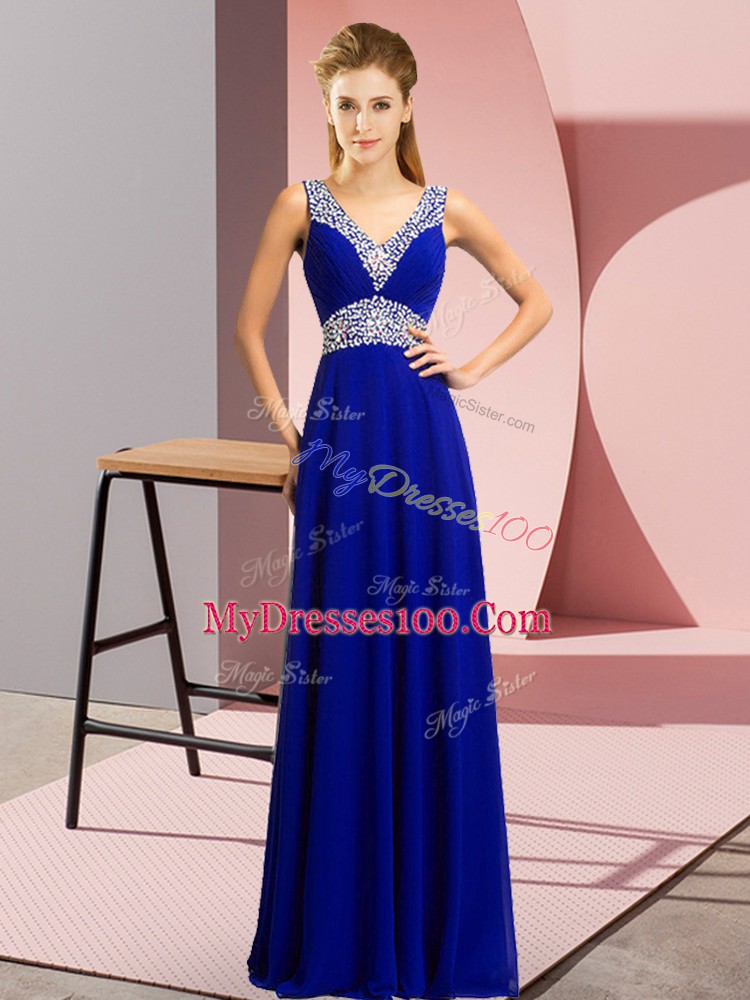 Blue Chiffon Lace Up Evening Dress Sleeveless Floor Length Beading