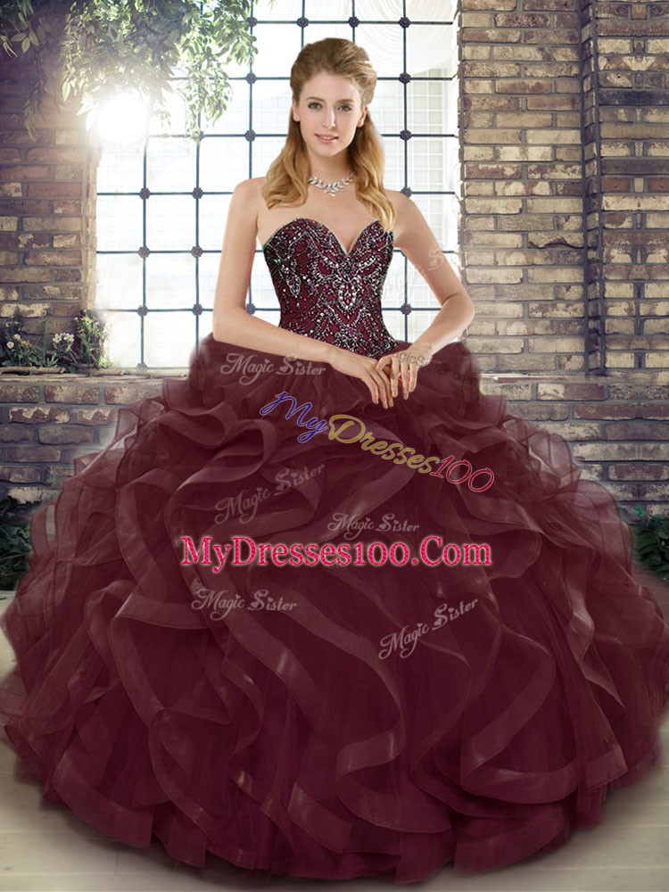 Burgundy Sweetheart Neckline Beading and Ruffles Quinceanera Dresses Sleeveless Lace Up