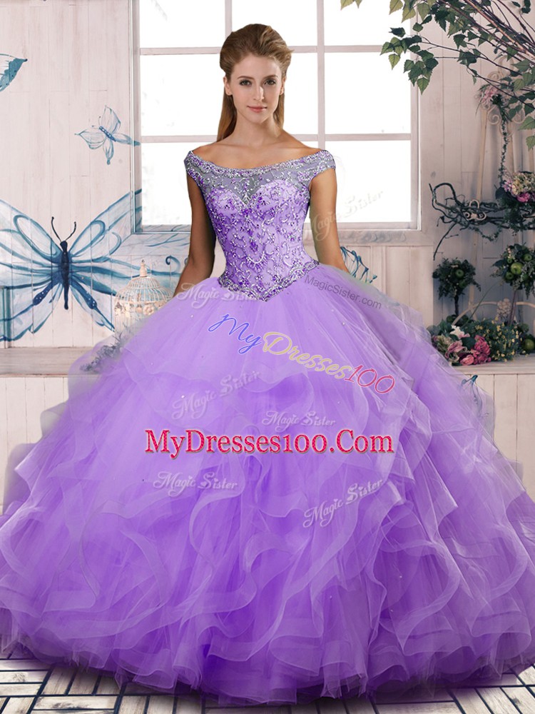 Lavender Sleeveless Tulle Lace Up Quince Ball Gowns for Sweet 16 and Quinceanera