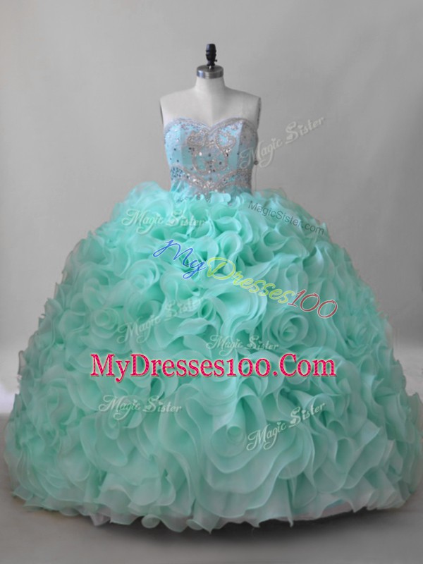 Glamorous Apple Green Wedding Party Dress Fabric With Rolling Flowers Brush Train Sleeveless Beading