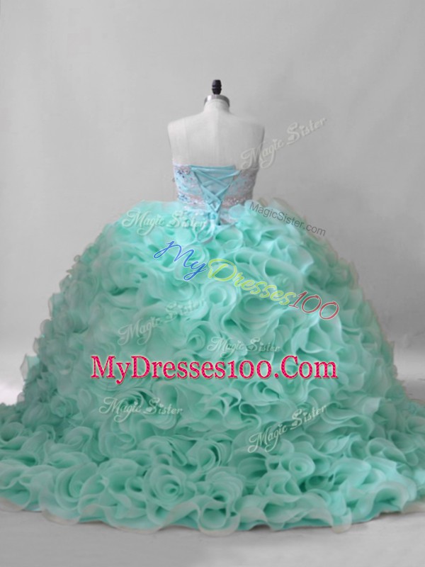 Glamorous Apple Green Wedding Party Dress Fabric With Rolling Flowers Brush Train Sleeveless Beading