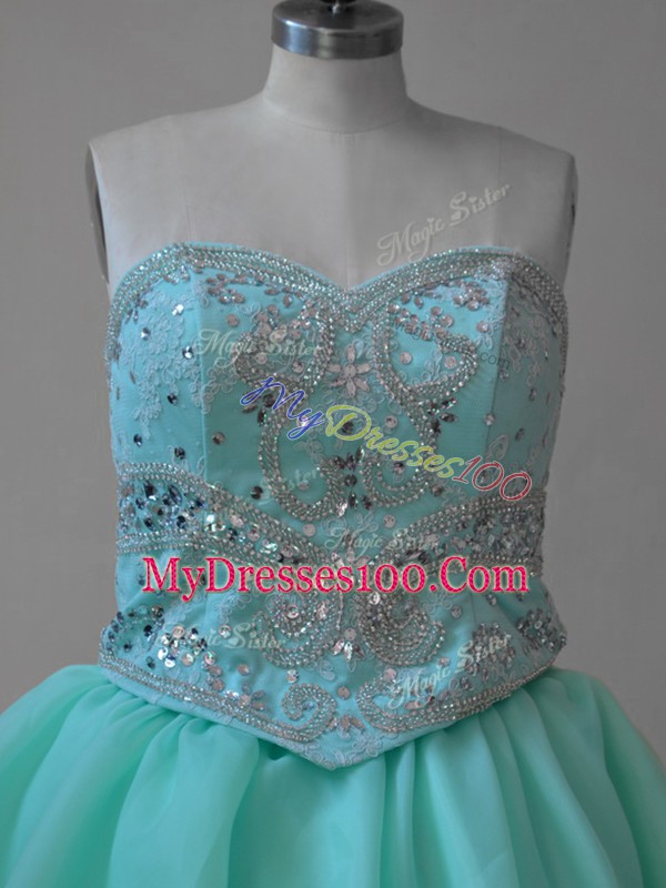 Glamorous Apple Green Wedding Party Dress Fabric With Rolling Flowers Brush Train Sleeveless Beading