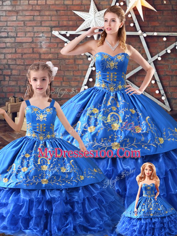 Wonderful Lace Up Quinceanera Gown Blue for Sweet 16 and Quinceanera with Embroidery
