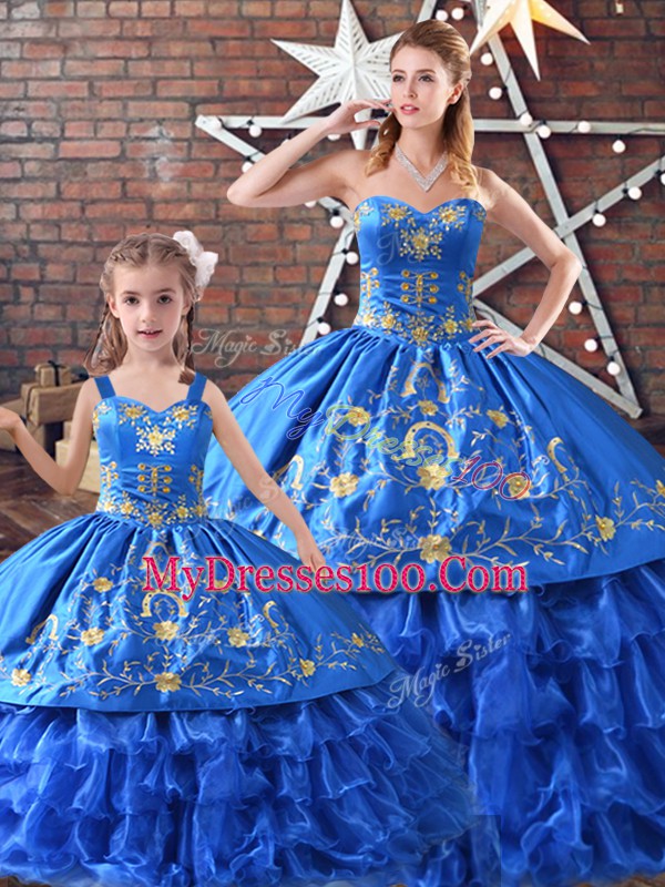 Wonderful Lace Up Quinceanera Gown Blue for Sweet 16 and Quinceanera with Embroidery