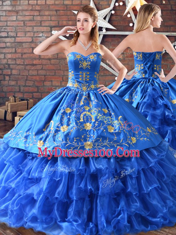 Wonderful Lace Up Quinceanera Gown Blue for Sweet 16 and Quinceanera with Embroidery