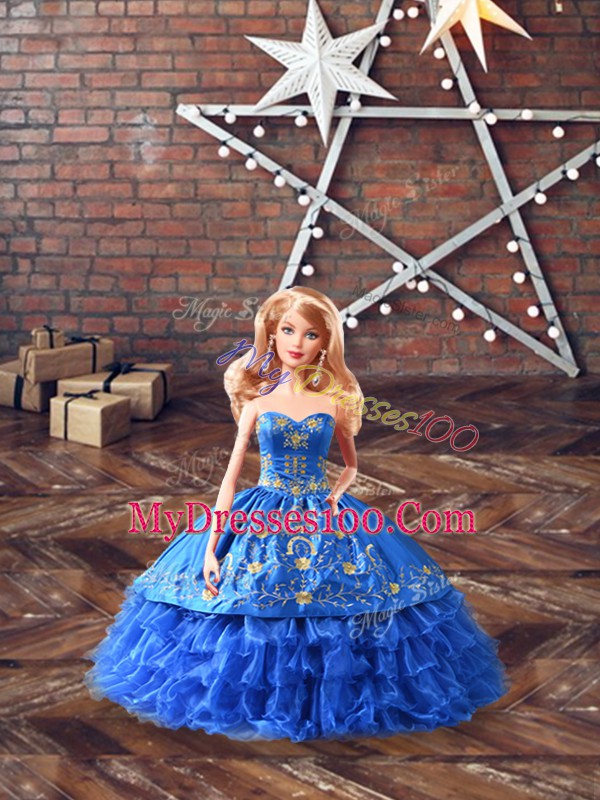 Wonderful Lace Up Quinceanera Gown Blue for Sweet 16 and Quinceanera with Embroidery