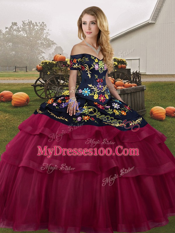 Most Popular Off The Shoulder Sleeveless 15 Quinceanera Dress Brush Train Embroidery and Ruffled Layers Fuchsia Tulle