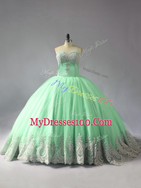 Apple Green Lace Up Sweetheart Appliques Ball Gown Prom Dress Tulle Sleeveless Court Train