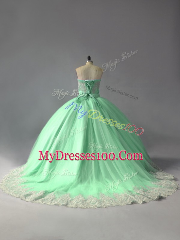 Apple Green Lace Up Sweetheart Appliques Ball Gown Prom Dress Tulle Sleeveless Court Train