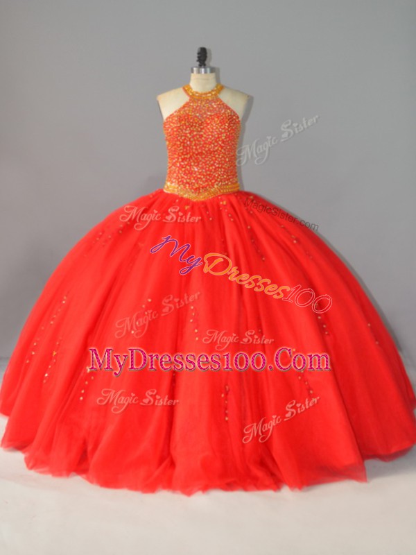 Noble Halter Top Sleeveless Quince Ball Gowns Floor Length Beading Red Tulle