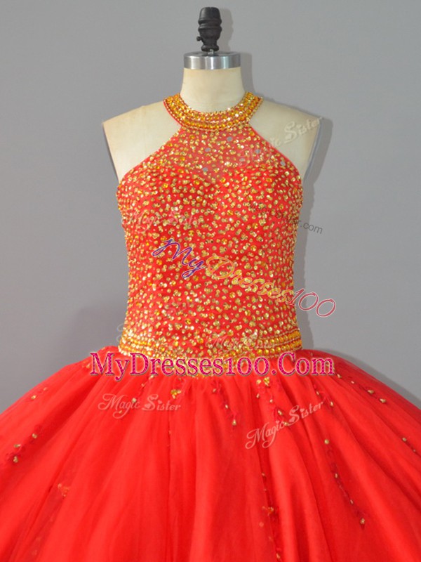 Noble Halter Top Sleeveless Quince Ball Gowns Floor Length Beading Red Tulle