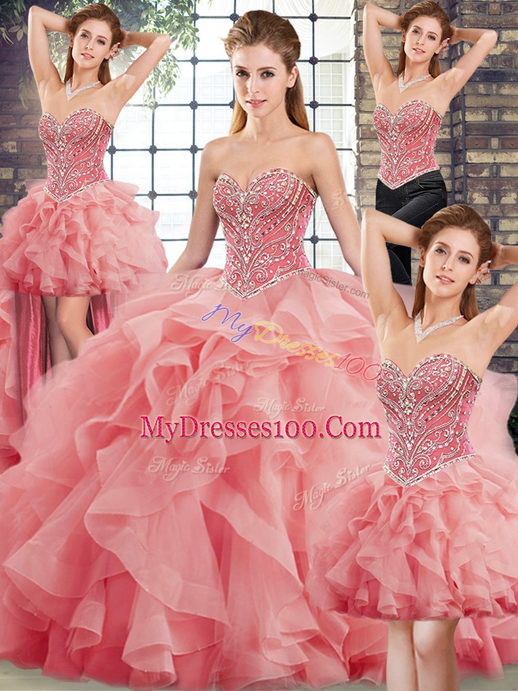 Colorful Tulle Sleeveless Quinceanera Gown Brush Train and Beading and Ruffles