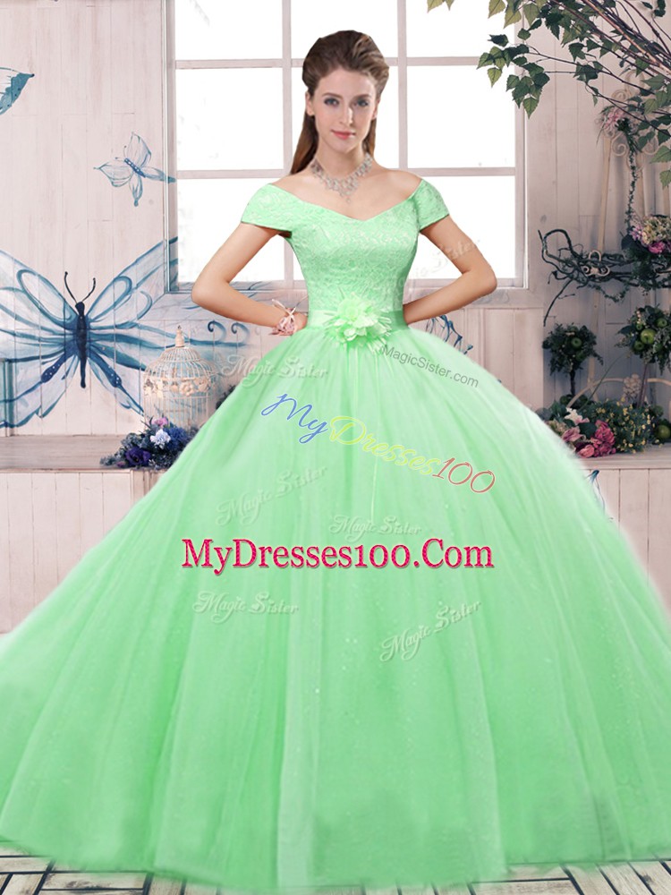 Off The Shoulder Short Sleeves Tulle Ball Gown Prom Dress Lace and Hand Made Flower Lace Up