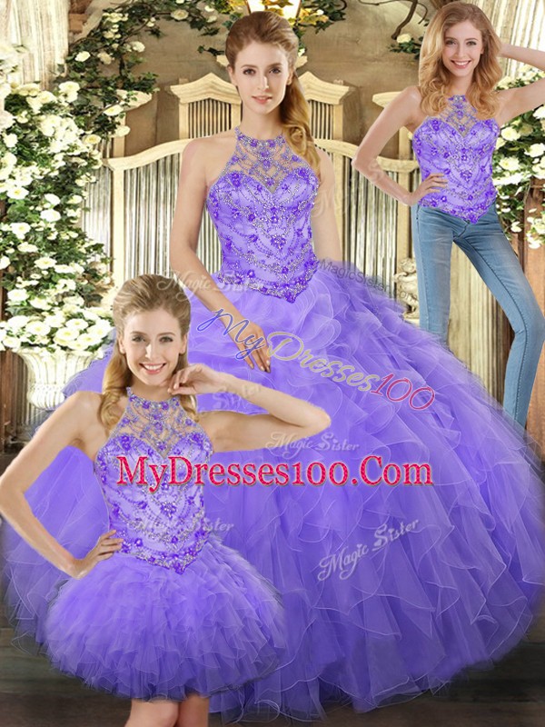 Stunning Sleeveless Floor Length Beading and Ruffles Lace Up Quince Ball Gowns with Lavender
