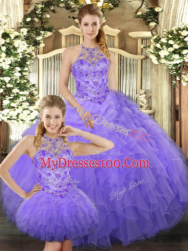 Stunning Sleeveless Floor Length Beading and Ruffles Lace Up Quince Ball Gowns with Lavender