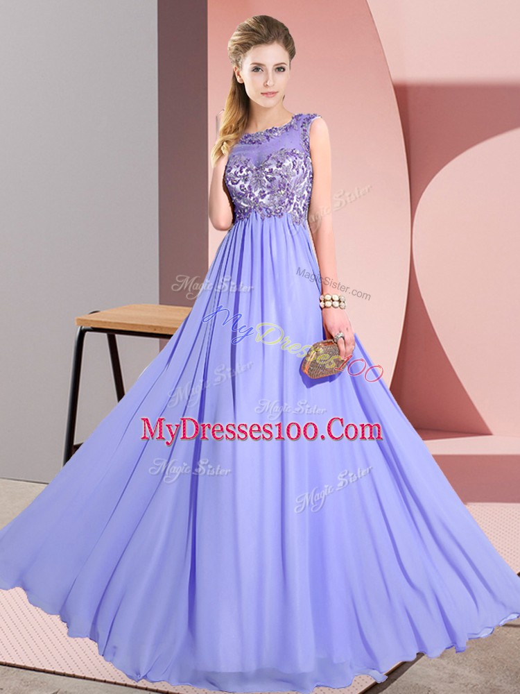 Nice Lavender Empire Chiffon Scoop Sleeveless Beading and Appliques Floor Length Backless Bridesmaid Dress