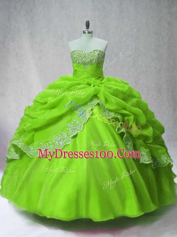 Noble Floor Length Green Ball Gown Prom Dress Organza Long Sleeves Beading and Appliques and Pick Ups