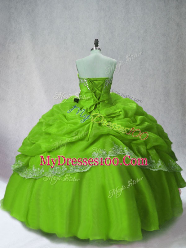 Noble Floor Length Green Ball Gown Prom Dress Organza Long Sleeves Beading and Appliques and Pick Ups