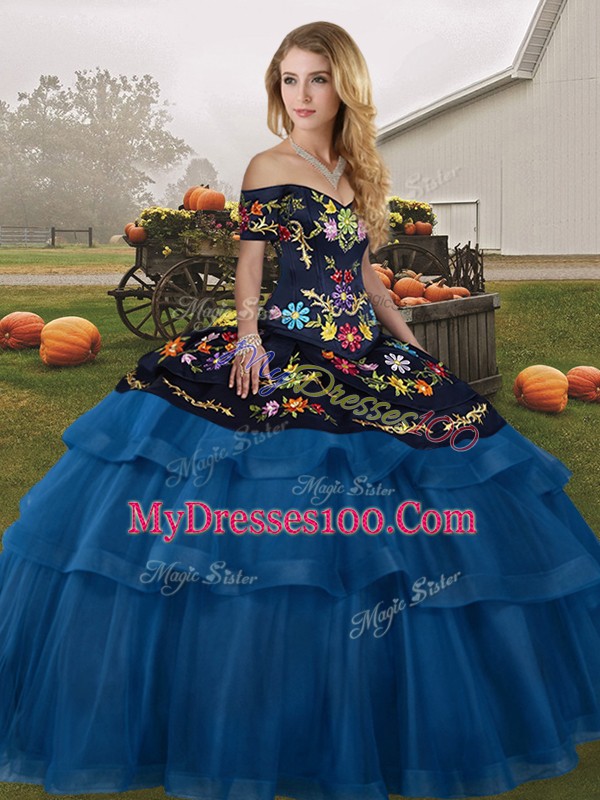 Cheap Blue And Black Lace Up Off The Shoulder Embroidery and Ruffled Layers Sweet 16 Dress Tulle Sleeveless Brush Train