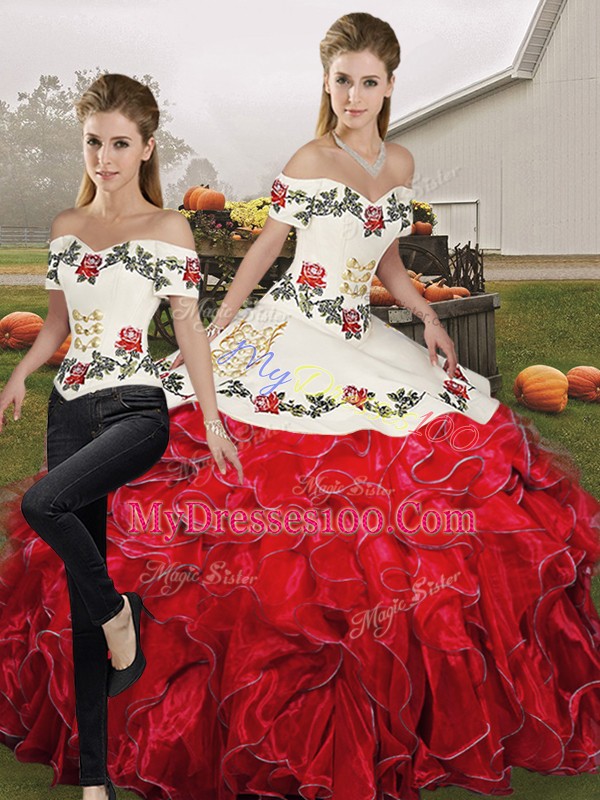 Great Sleeveless Organza Floor Length Lace Up 15th Birthday Dress in White And Red with Embroidery and Ruffles