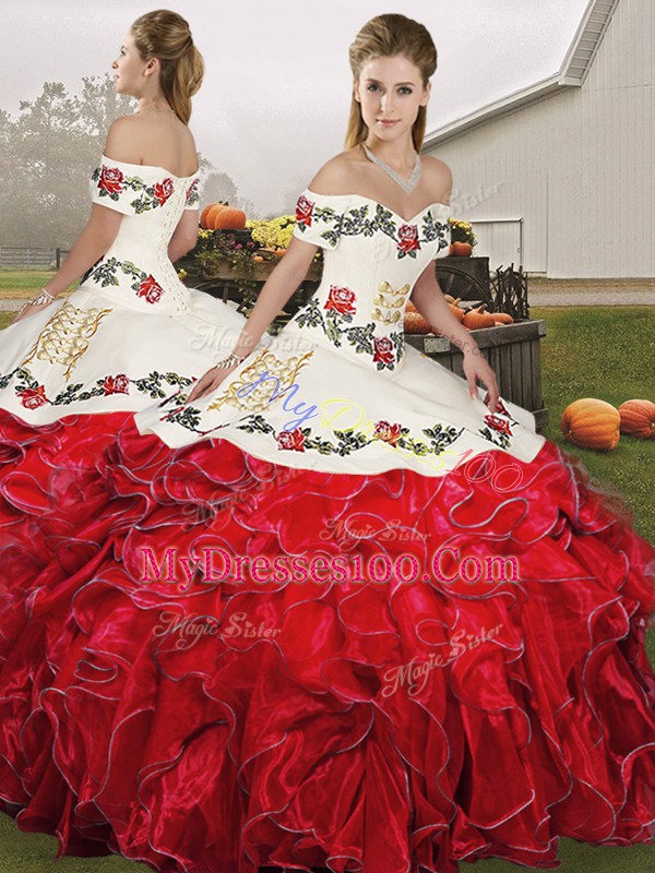 Great Sleeveless Organza Floor Length Lace Up 15th Birthday Dress in White And Red with Embroidery and Ruffles