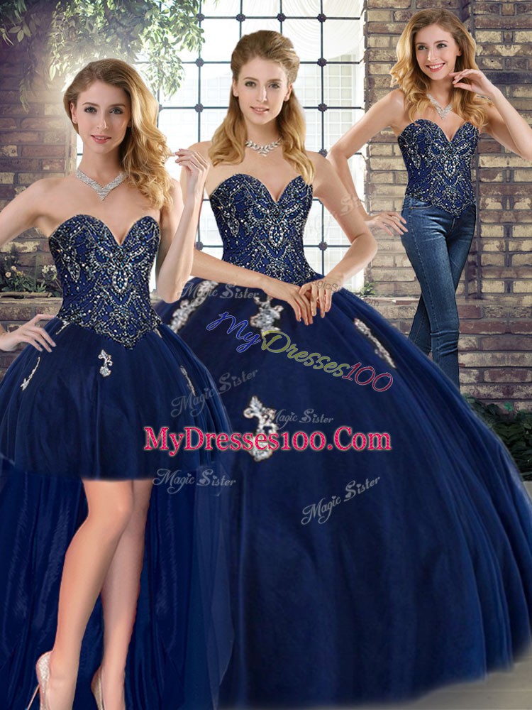 Fantastic Navy Blue Sleeveless Beading and Appliques Floor Length Quinceanera Dresses