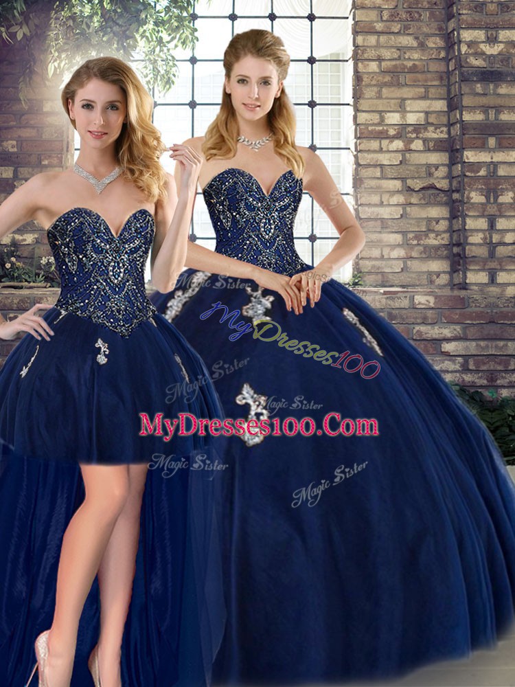 Fantastic Navy Blue Sleeveless Beading and Appliques Floor Length Quinceanera Dresses
