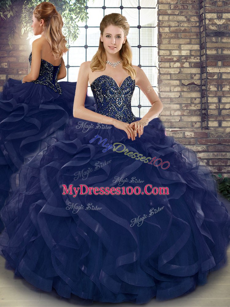 Sumptuous Navy Blue Tulle Lace Up 15 Quinceanera Dress Sleeveless Floor Length Beading and Ruffles