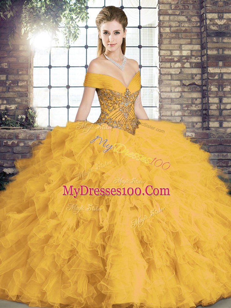 Flare Gold Off The Shoulder Neckline Beading and Ruffles Quinceanera Dresses Sleeveless Lace Up