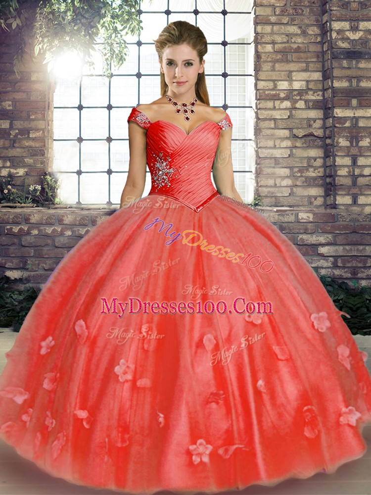 Clearance Watermelon Red Lace Up Quinceanera Dress Beading and Appliques Sleeveless Floor Length