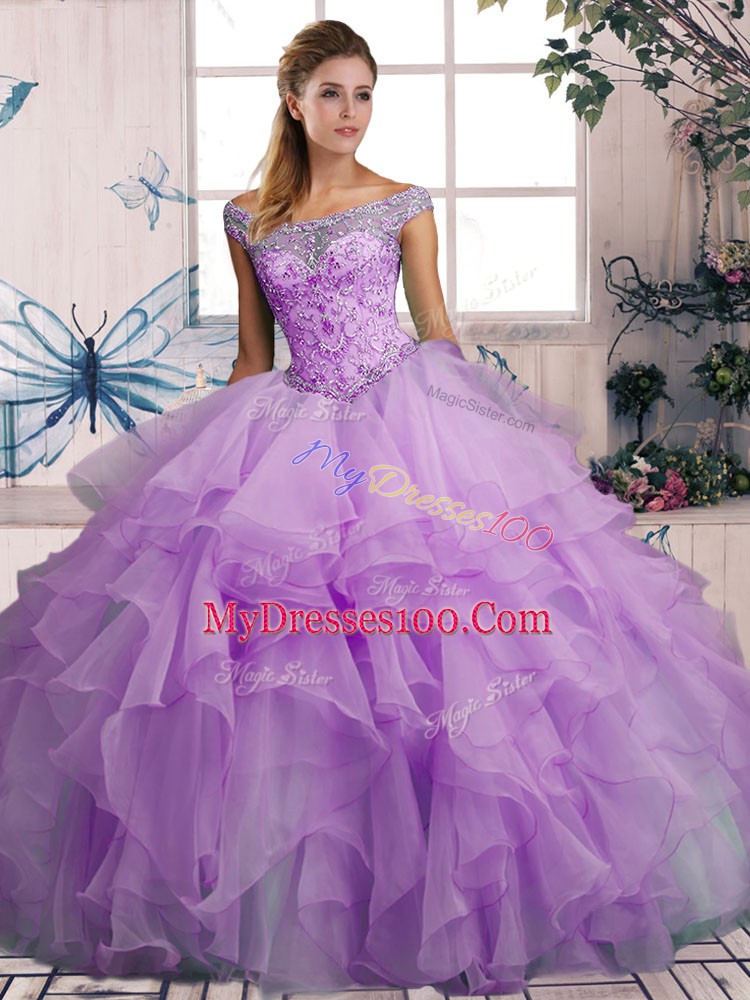 Lavender Ball Gowns Off The Shoulder Sleeveless Organza Floor Length Lace Up Beading and Ruffles Quinceanera Dress