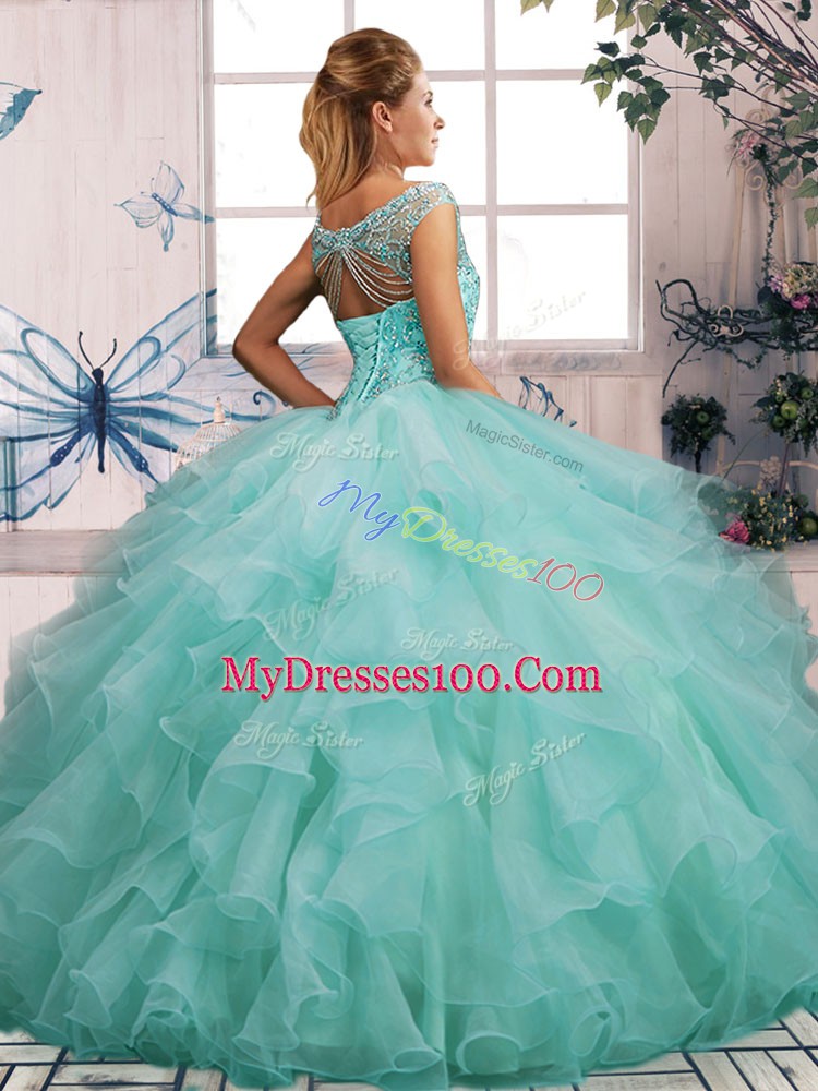 Lavender Ball Gowns Off The Shoulder Sleeveless Organza Floor Length Lace Up Beading and Ruffles Quinceanera Dress
