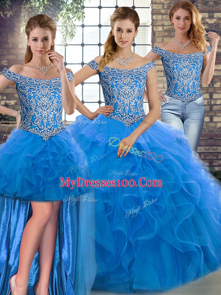 Off The Shoulder Sleeveless Sweet 16 Quinceanera Dress Brush Train Beading and Ruffles Blue Tulle