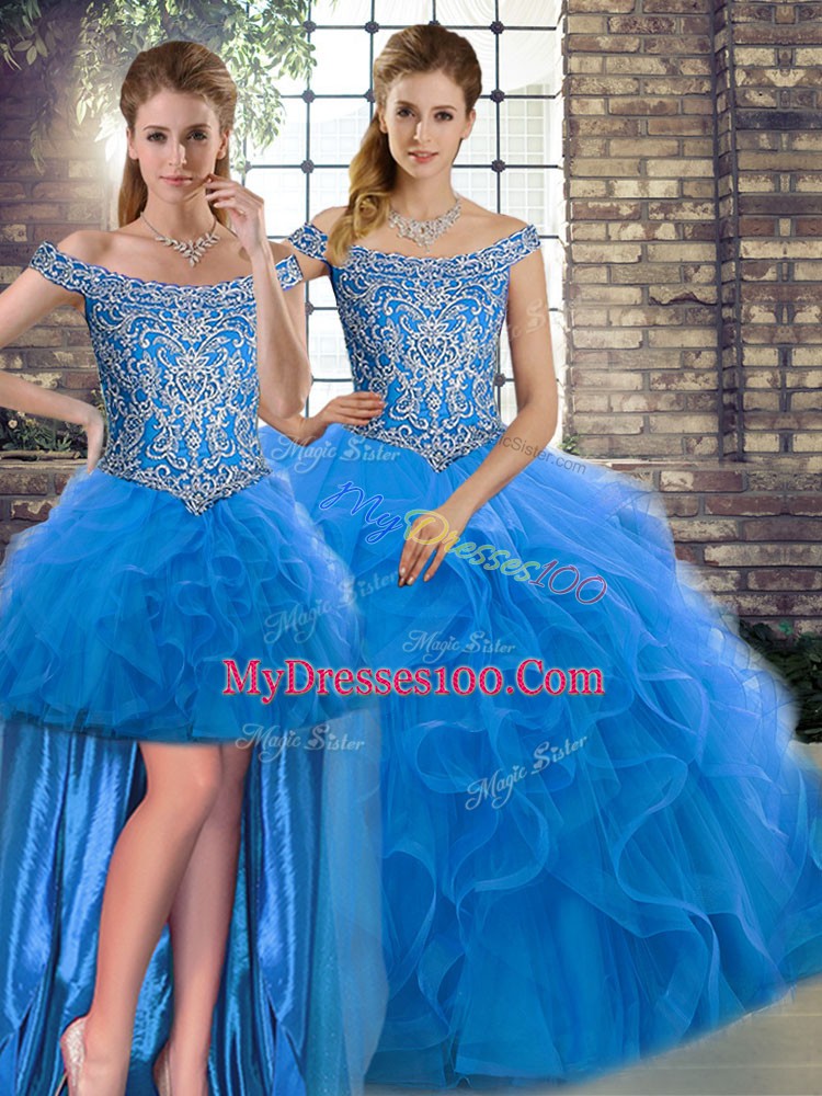 Off The Shoulder Sleeveless Sweet 16 Quinceanera Dress Brush Train Beading and Ruffles Blue Tulle