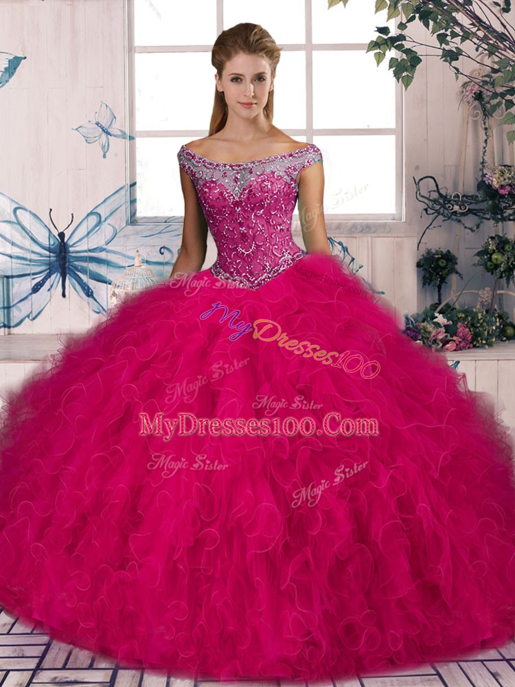Off The Shoulder Sleeveless Brush Train Lace Up 15 Quinceanera Dress Hot Pink Tulle