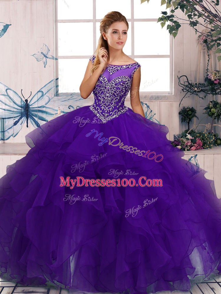 Admirable Sleeveless Floor Length Beading and Ruffles Zipper Quinceanera Dress with Purple