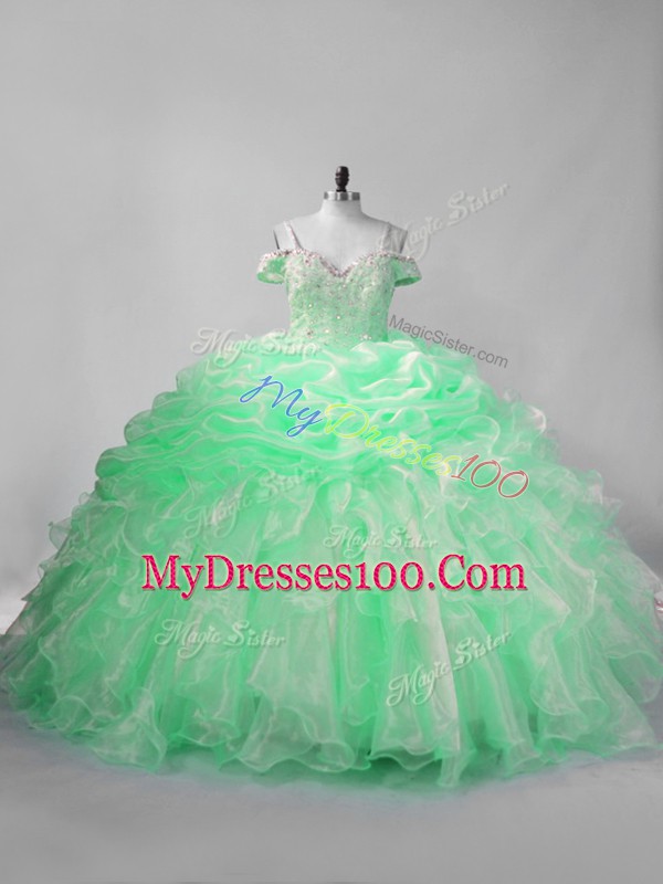 Ideal Apple Green Straps Neckline Beading and Pick Ups Sweet 16 Quinceanera Dress Sleeveless Lace Up
