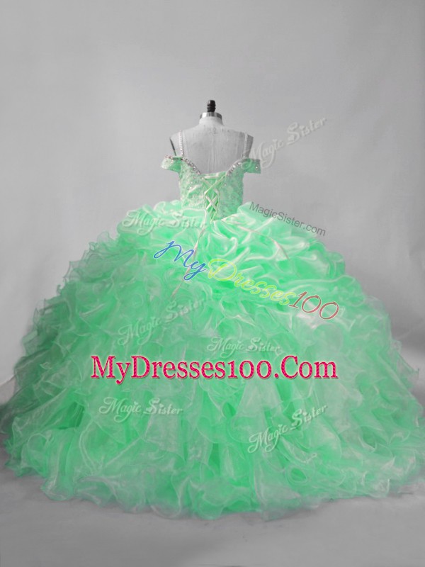 Ideal Apple Green Straps Neckline Beading and Pick Ups Sweet 16 Quinceanera Dress Sleeveless Lace Up